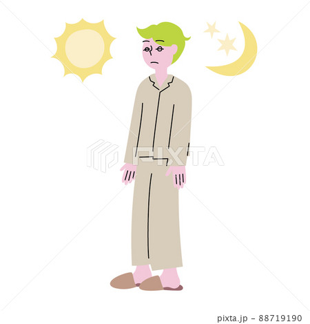眠たそうなボーッとした朧げな表情の寝起きで寝ぐせのついたパジャマ姿の男性 88719190