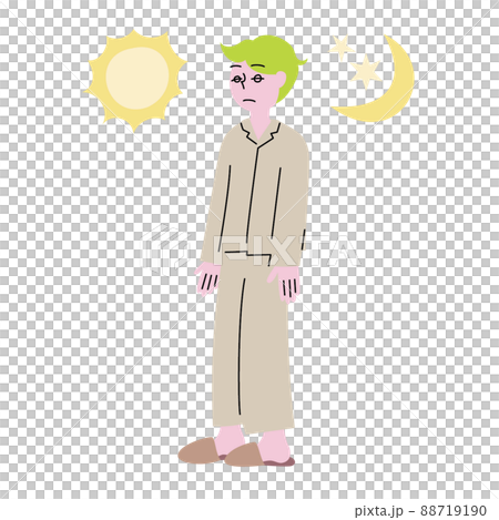 眠たそうなボーッとした朧げな表情の寝起きで寝ぐせのついたパジャマ姿の男性 88719190