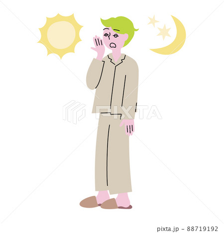 眠たそうなボーッとした朧げな表情の寝起きで寝ぐせのついたパジャマ姿のあくびをする男性 88719192