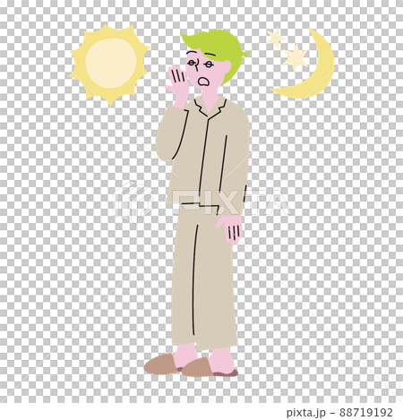 眠たそうなボーッとした朧げな表情の寝起きで寝ぐせのついたパジャマ姿のあくびをする男性 88719192