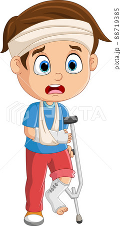 Cartoon little boy with broken arm and leg 88719385