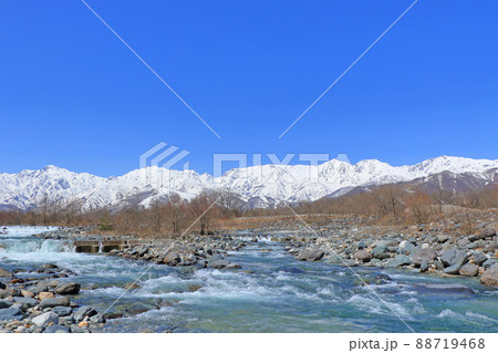 白馬村　雪どけの春　快晴の北アルプス 88719468