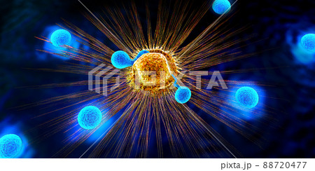 Lymphocytes cell in the immune system reacting and attacking a spreading cancer cell - 3d illustration Lymphocytes cell in the immune system reacting and attacking a spreading cancer cell - 3d illustration 88720477