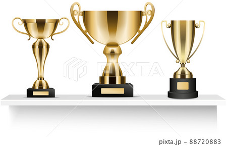 Realistic shiny golden trophy awards on wooden shelf on white background vector illustration Realistic shiny golden trophy awards on wooden shelf on white background vector illustration 88720883