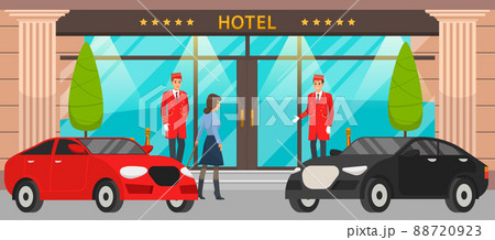 Main front entrance to luxury hotel with premium cars, doormen in red uniform and female visitor Main front entrance to luxury hotel with premium cars, doormen in red uniform and female visitor 88720923