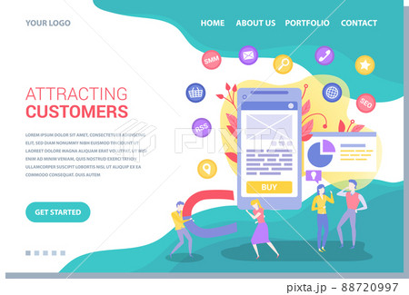 Team of marketers exploring customer base in mobile app. Attracting customers website template 88720997
