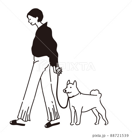 犬の散歩をしている女性のベクター線画のイラスト素材