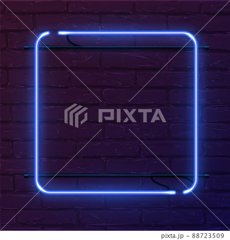 Blue square neon sign. Vector realistic neon rectangle on brick wall. 88723509