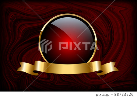 Golden ring and ribbon with red glass button on dark red liquid or marble background. Vector luxury design template. 88723526