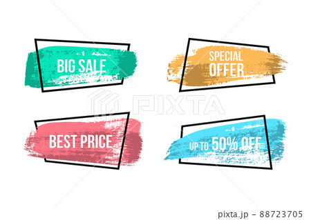 Set of Sale banners made of colored brush strokes and black frames. Vector design elements. Set of Sale banners made of colored brush strokes and black frames. Vector design elements. 88723705