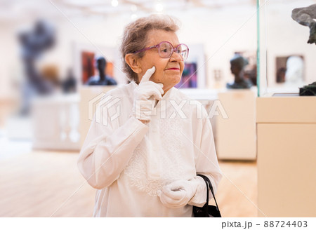 mature woman examines paintings in an exhibition in hall of an art museum mature woman examines paintings in an exhibition in hall of an art museum 88724403