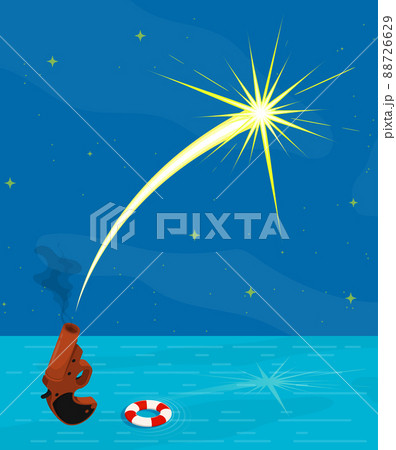 Gun for signaling in emergency. Launching signal rocket from pistol to attract attention against backdrop of sea. Vector concept 88726629