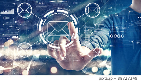 Email concept with a man on city background Email concept with a man on city background 88727349