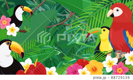トロピカルな鳥と植物の風景_ジャングルの背景イラスト_16:9 88729139