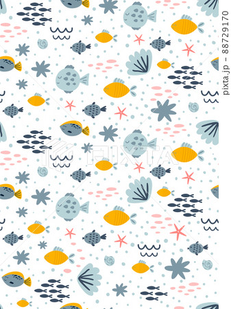 Sea birthday invitation seamless pattern. Kids birthday party underwater background. Ocean life card template. Cute marine life, corals reef fish cartoon banner. Ocean paper vector illustration. 88729170