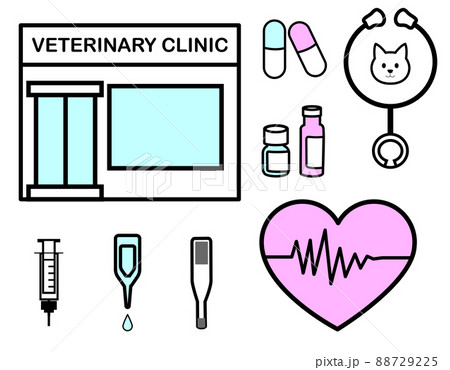 動物病院のアイコンセット 聴診器 白猫 心拍数 くすり 注射器 体温計のイラスト素材