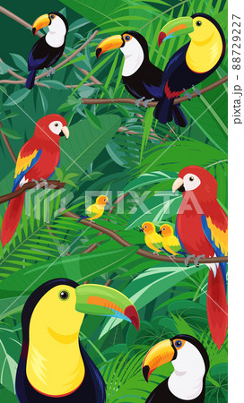 トロピカルな鳥と植物の風景_ジャングルの背景イラスト_16:9_縦 88729227