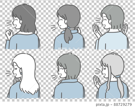 喜ぶ若い女性の斜め後ろ向き上半身セット（私服） 88729279