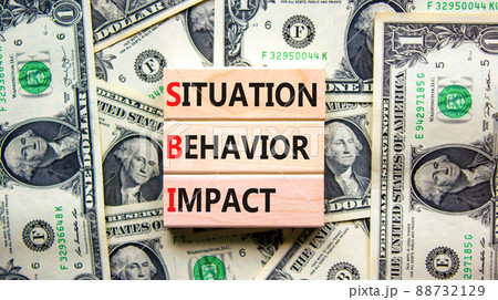 SBI situation behavior impact symbol. Concept words SBI situation behavior impact on blocks on beautiful background from dollar bills. Psychological SBI situation behavior impact concept. Copy space. 88732129