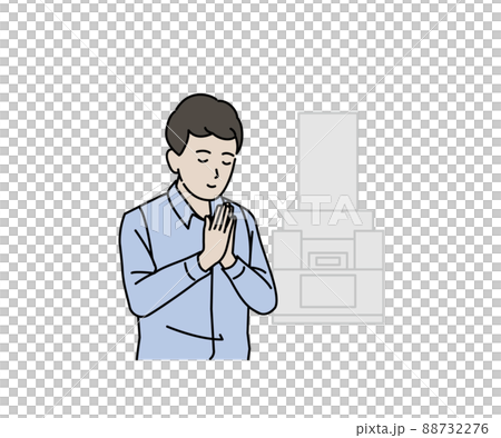 お墓参り　お彼岸　男性　合掌　手を合わせる　イラスト 88732276