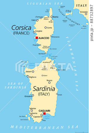 Corsica and Sardinia, political map. French and Italian islands, with capitals Ajaccio and Cagliari. Islands in Mediterranean Sea, west of Italian Peninsula and Tyrrhenian Sea, south of Ligurian Sea. 88732897