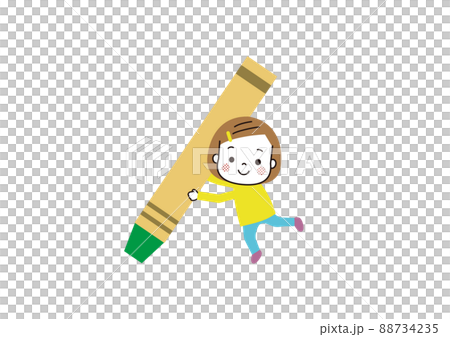 Girl holding a big crayon Green crayon 88734235