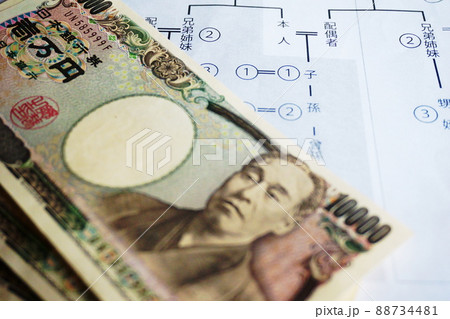 等親図と、等親図の上に置かれた1万円札、相続イメージ 等親図と、等親図の上に置かれた1万円札、相続イメージ 88734481