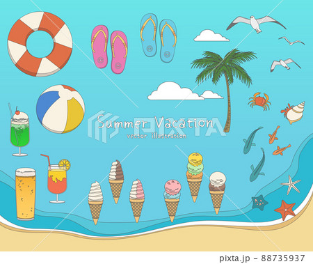手描き風に描かれた夏の海のイラスト素材セット 88735937