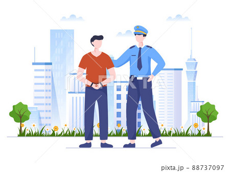 Police Arrest Criminal by Handcuffing his Hands Against Urban background on Flat Cartoon Style 88737097