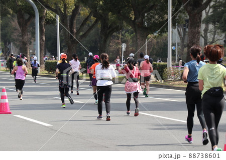 マラソン大会で懸命に走る女性ランナー マラソン大会で懸命に走る女性ランナー 88738601