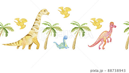Seamless Border Ornament Dinosaurs Palm Trees Pterodacteli Diplodocus Saurolophus Cute Children's Watercolor Charming Cartoon Characters Seamless Border Ornament Dinosaurs Palm Trees Pterodacteli Diplodocus Saurolophus Cute Children's Watercolor Charming Cartoon Characters 88738943