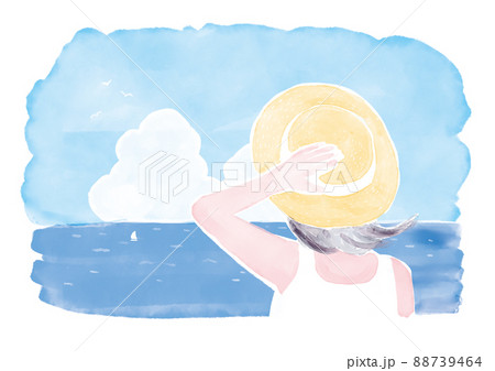 海を見る麦わらの女の子のイラスト素材