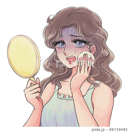少女漫画風イラスト美容広告 化粧が濃すぎる 古すぎる 悩める女性のイラスト素材