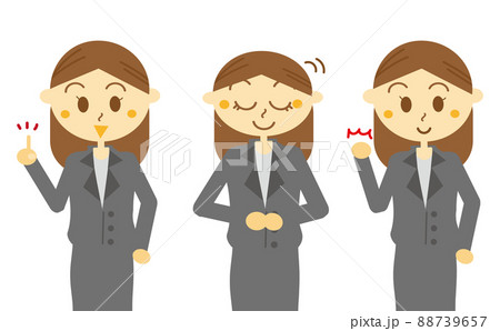 就職活動にやる気を出す女性 制服のスーツで仕事を頑張るol女性3点セット 会社員 受付嬢 仕事のイラスト素材