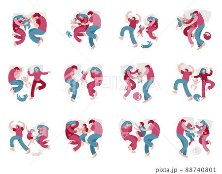 Collection of sleeping family. Family with childs are sleep various poses. 88740801