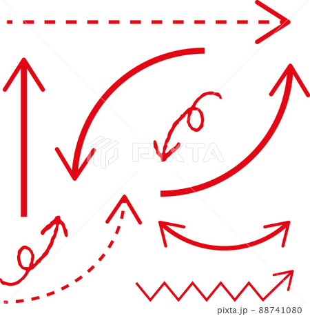 手描き 矢印 セット 線画 ラフ 上 下 右 左 赤のイラスト素材