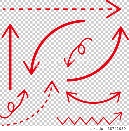 手描き 矢印 セット 線画 ラフ 上 下 右 左 赤のイラスト素材