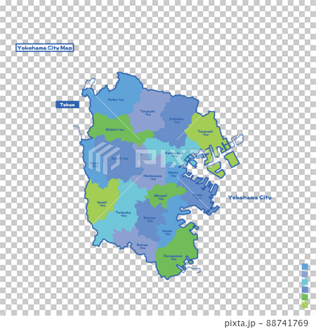 横浜市行政区・横浜市地図 雨の日カラーで色分けしてみた(英語版) 横浜市行政区・横浜市地図 雨の日カラーで色分けしてみた(英語版) 88741769