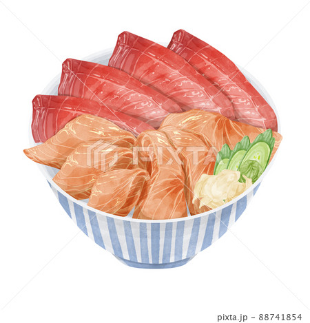 サーモンマグロ丼の手描き水彩風イラスト 88741854