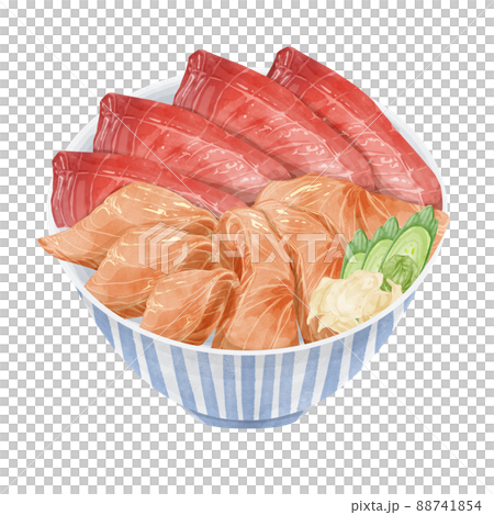 サーモンマグロ丼の手描き水彩風イラスト 88741854