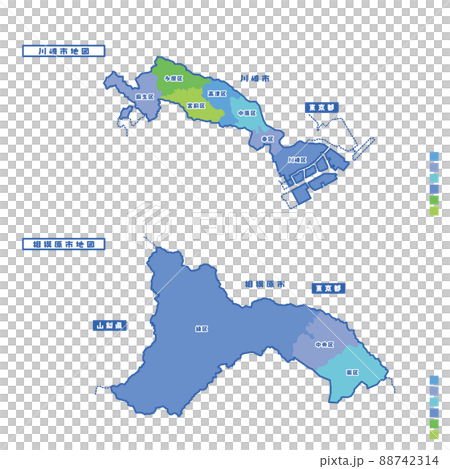 川崎市行政区・川崎市地図＋相模原市行政区・相模原市地図 雨の日カラーで色分けしてみた 88742314