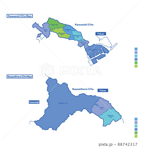 川崎市行政区 川崎市地図 相模原市行政区 相模原市地図 雨の日カラーで色分けしてみた 英語版 のイラスト素材