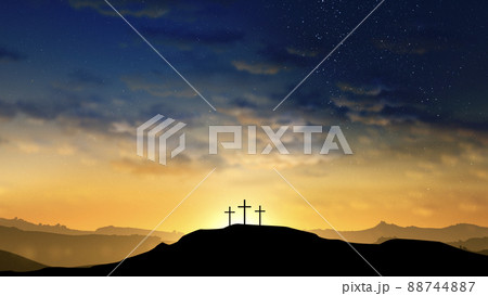 Three crosses on the hill with clouds moving on the starry sky 88744887