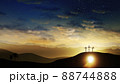 Three crosses on the hill and Jesus tomb with clouds moving on the starry sky 88744888