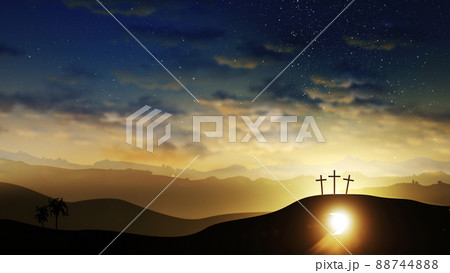 Three crosses on the hill and Jesus tomb with clouds moving on the starry sky Three crosses on the hill and Jesus tomb with clouds moving on the starry sky 88744888