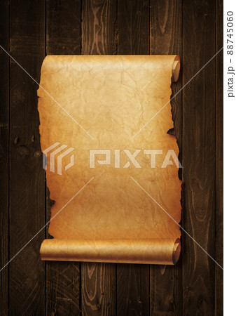 Old mediaeval paper sheet. Parchment scroll on a wood board 88745060