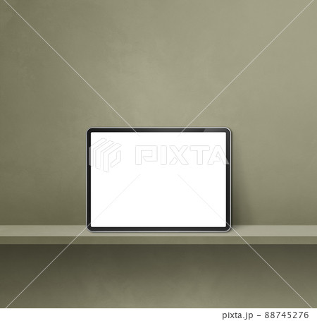 Digital tablet pc on green wall shelf. Square background banner 88745276