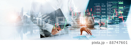 Double exposure, Graph growth of financial and economic, Business woman touching chart of business and financial stock market trading and stock exchange on global network. Double exposure, Graph growth of financial and economic, Business woman touching chart of business and financial stock market trading and stock exchange on global network. 88747601