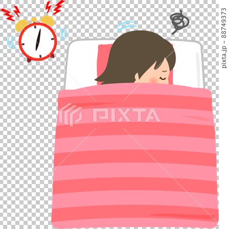 A ringing alarm clock and a woman who does not want to wake up 88749373