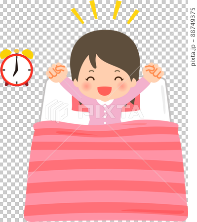 A smiling woman who gets up and stretches on a futon 88749375